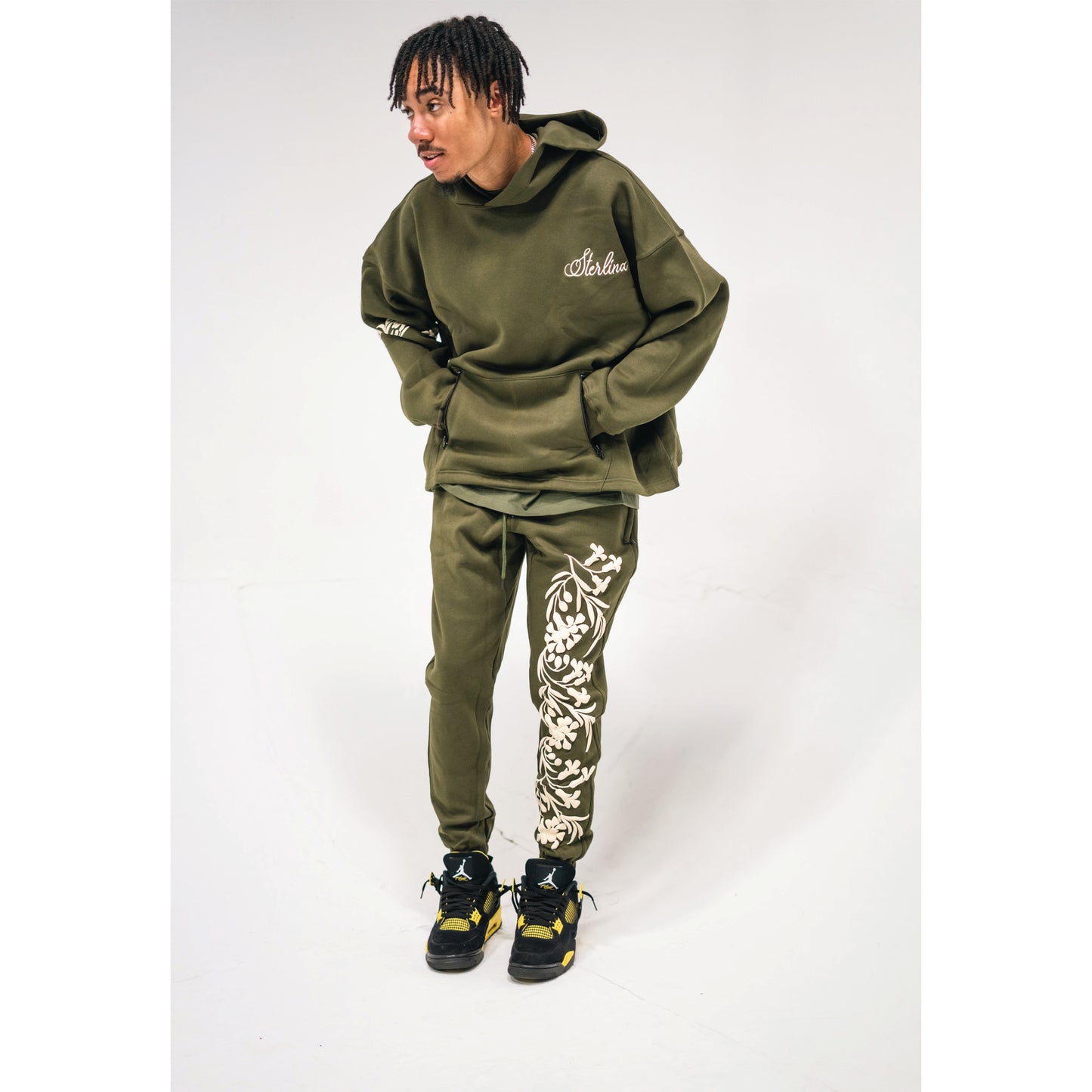 Olive Green Floral Sweatpants