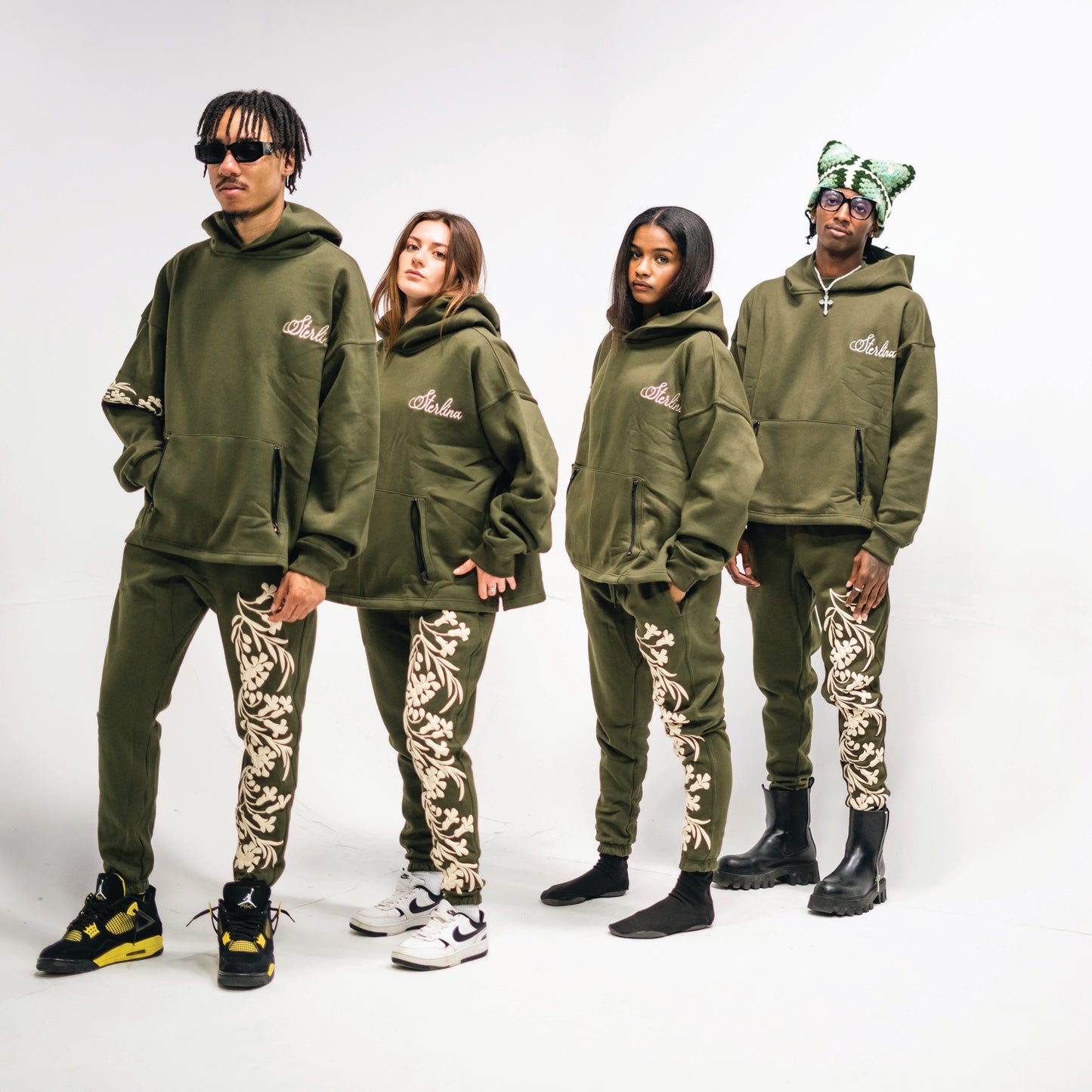 Olive Green Floral Sweatpants