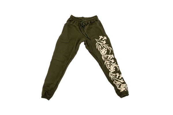 Olive Green Floral Sweatpants