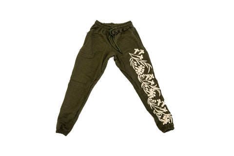 Olive Green Floral Sweatpants