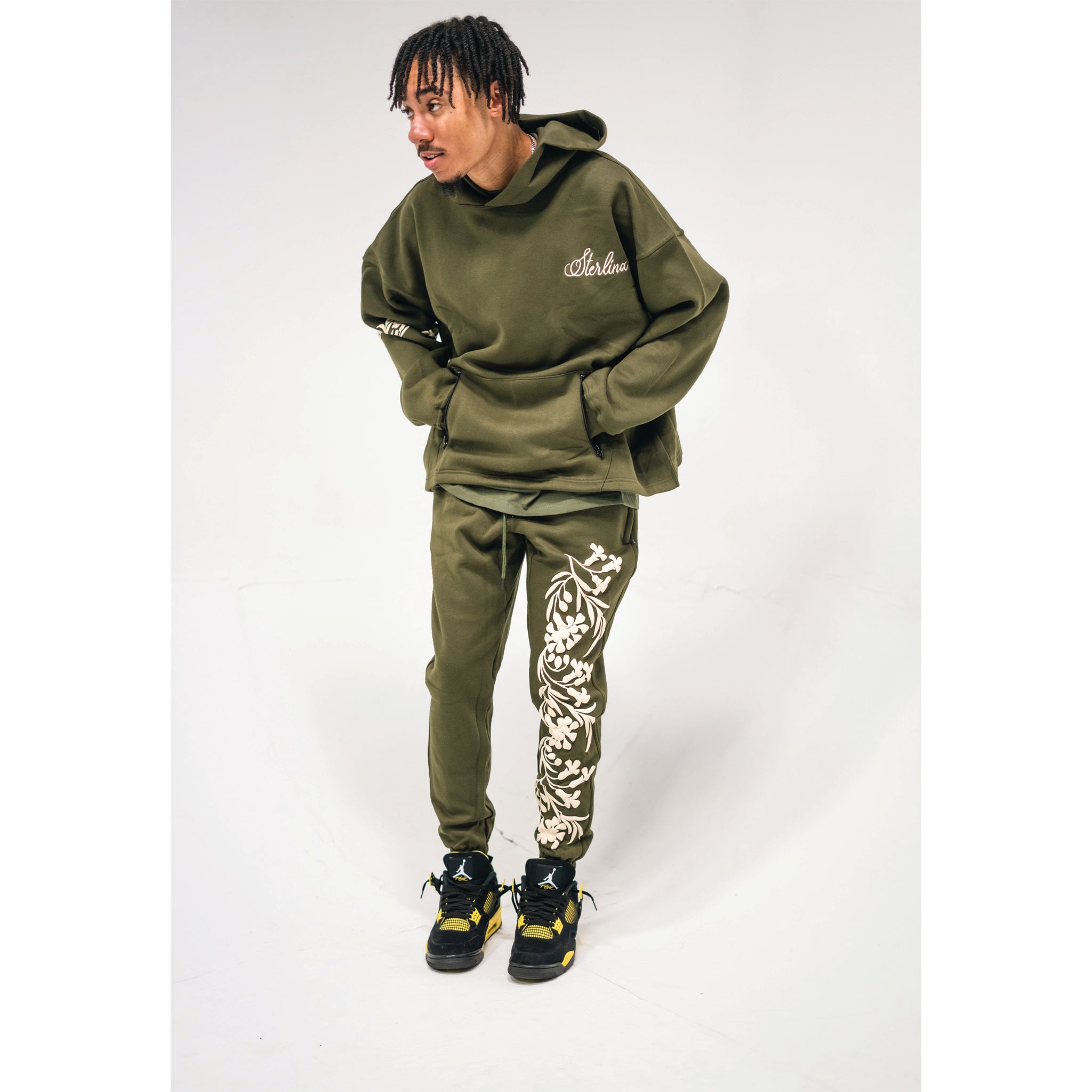 Olive Green Floral Sweatpants