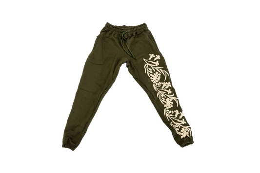 Olive Green Floral Sweatpants