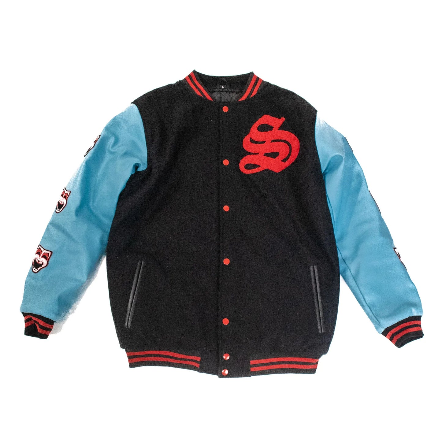 Black custom varsity jacket with blue vegan leather sleeves, red buttons, faux leather lined pockets, streetwear design details, embroidered S on front from Sterlina Apparel. 